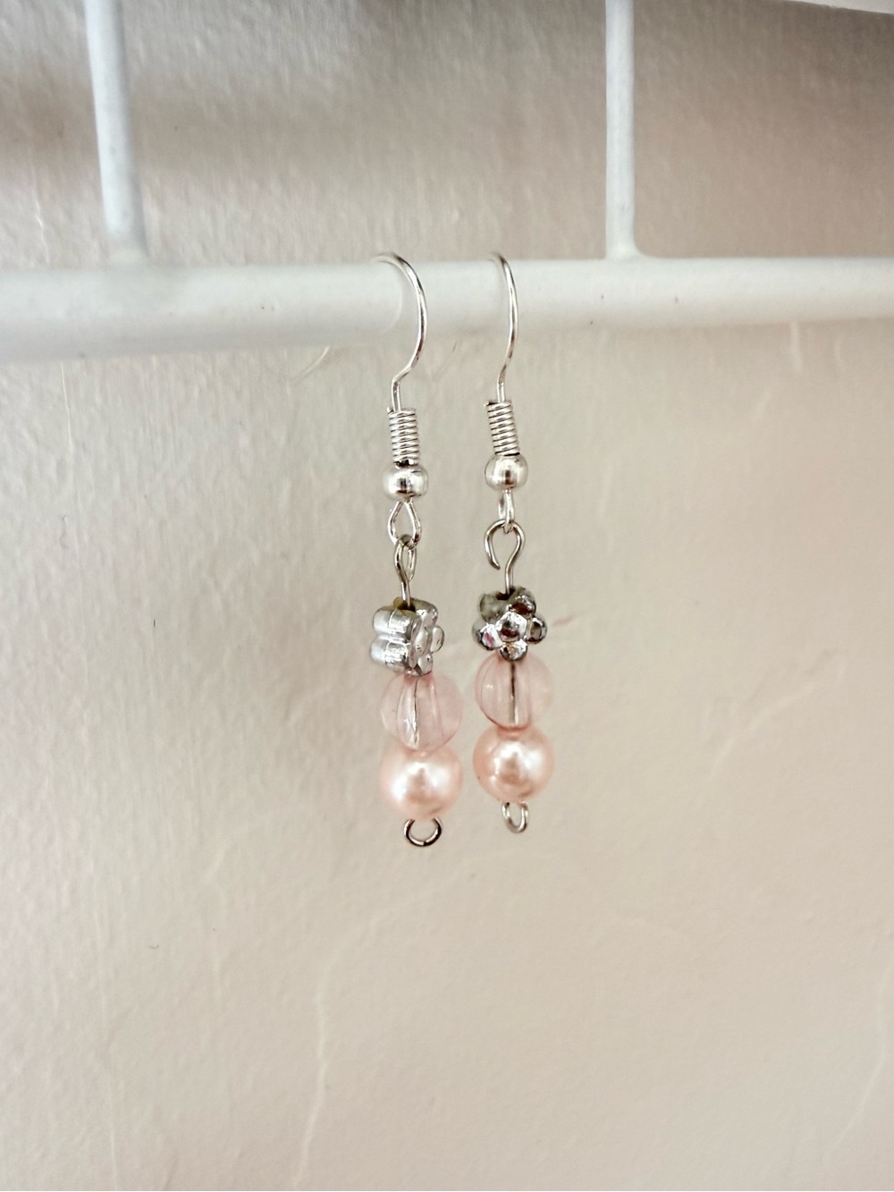 Handcrafted Cute Dainty Whimsical Pink Flower Pearl Drop Dangle Earrings